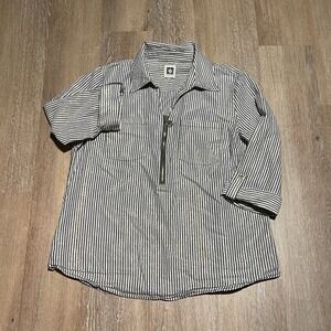 Anne Klein Striped Metallic Seersucker‎ Blouse Top 3/4 Sleeve Zip Front Women M